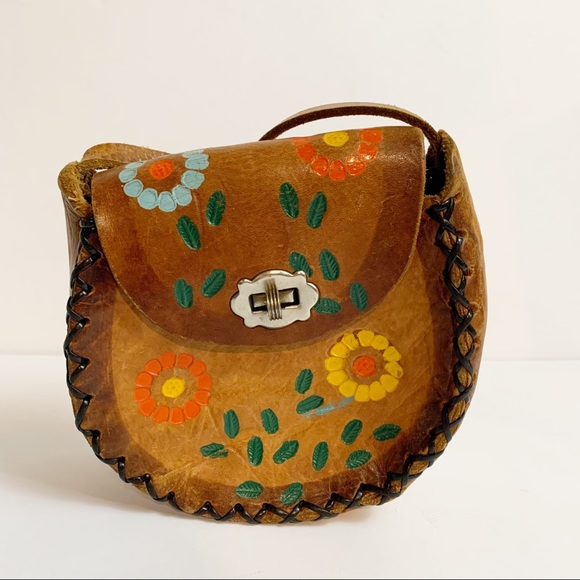 Tooled Leather Boho Hippie 70’s Small Flower Power Braided Purse Swivel Closure - Picture 12 of 13